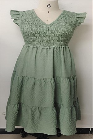 V-NK SMOCKED BODICE SHORT FLUTTER SLEEVE TIERED MIDI DRESS